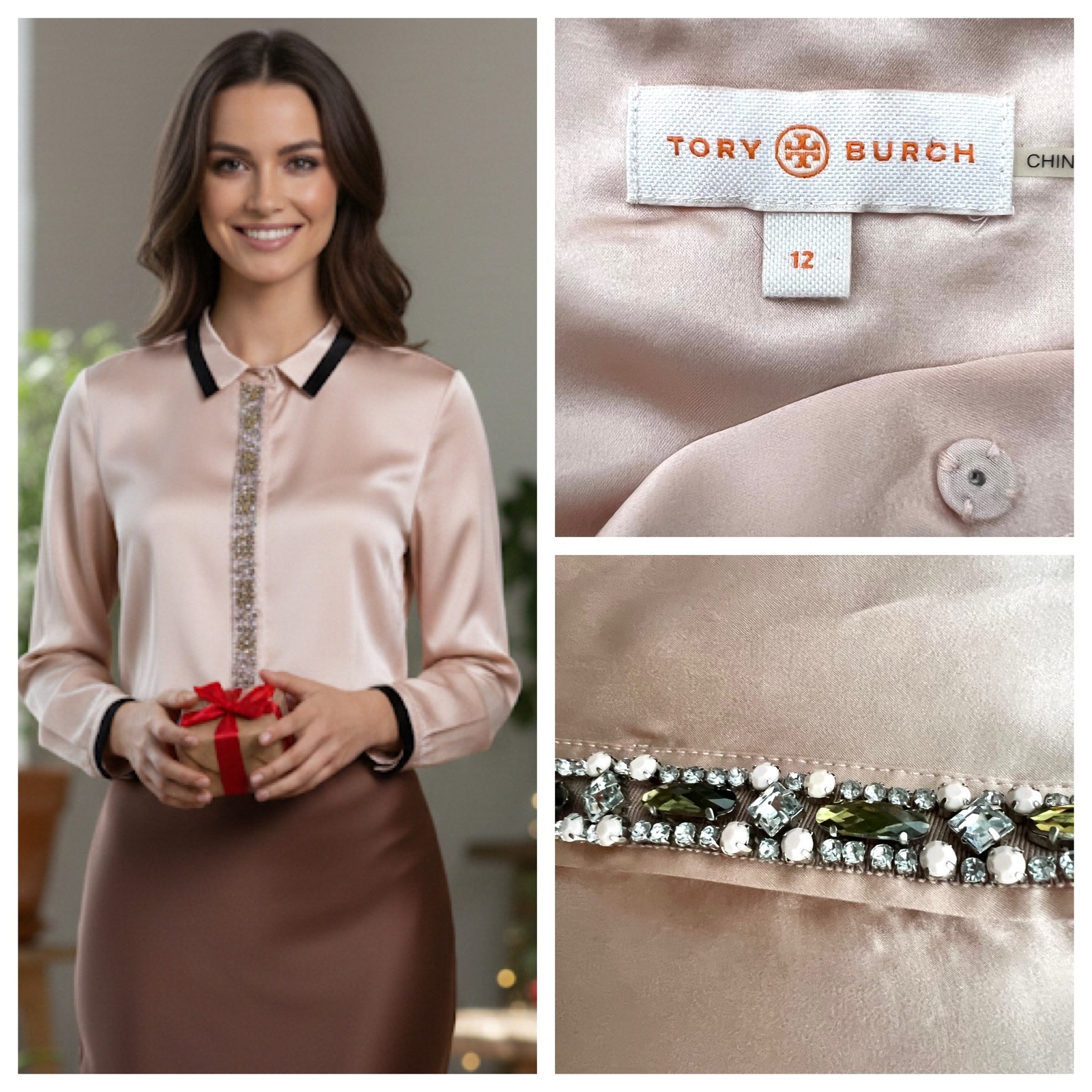 Tory Burch Silk Beaded Crystal Collar Long Sleeve Blouse Shirt Size 12